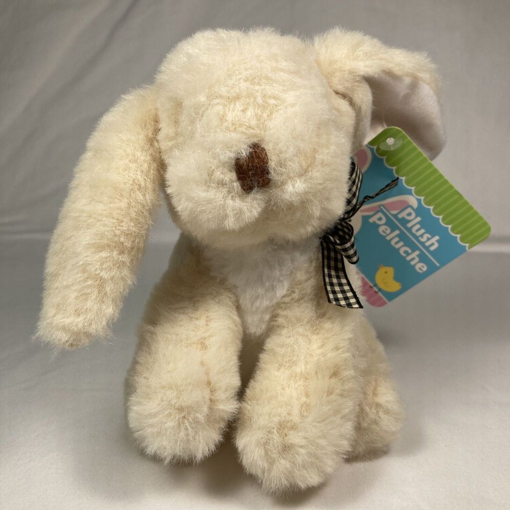 6" Cream Colored Baby Bunny  Black and Cream Check Bow Stuffed Animal